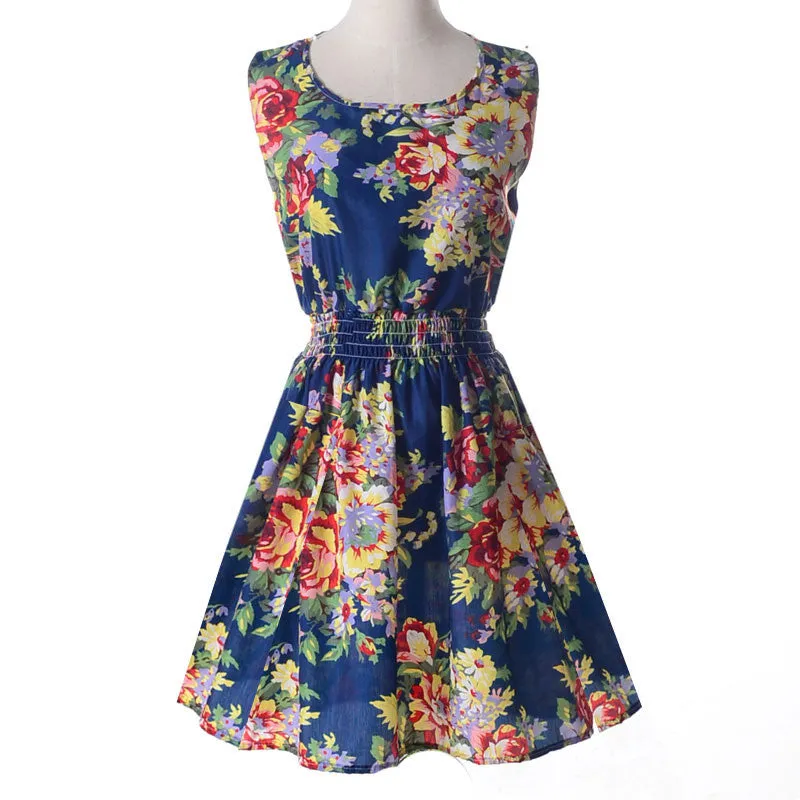 Women casual Bohemian floral flower sleeveless vest printed beach chiffon top dress S092