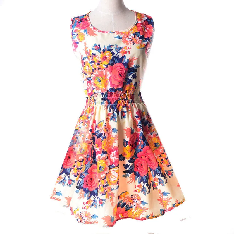 Women casual Bohemian floral flower sleeveless vest printed beach chiffon top dress S092