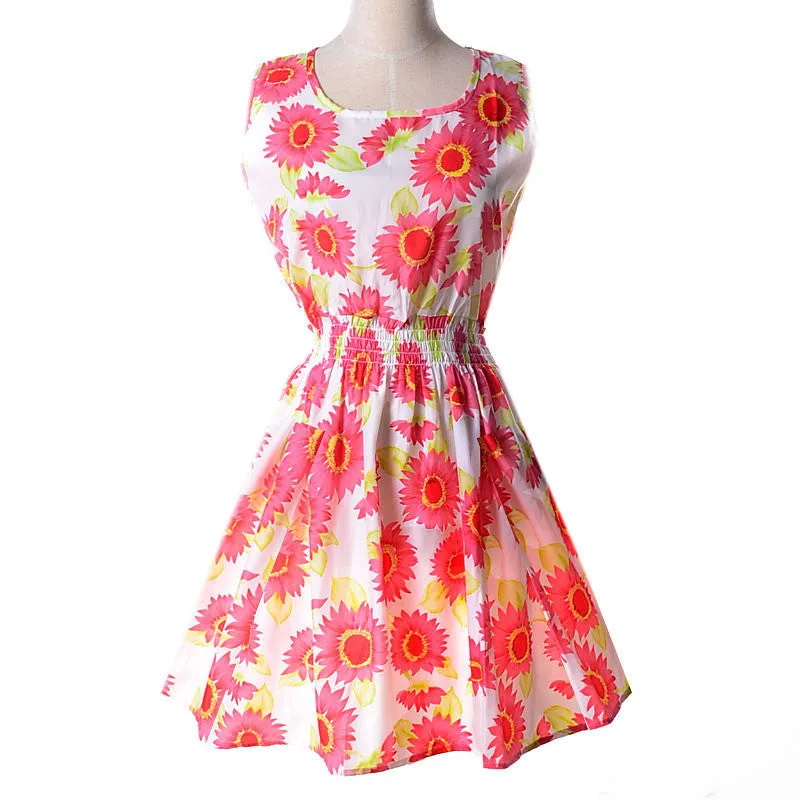 Women casual Bohemian floral flower sleeveless vest printed beach chiffon top dress S092