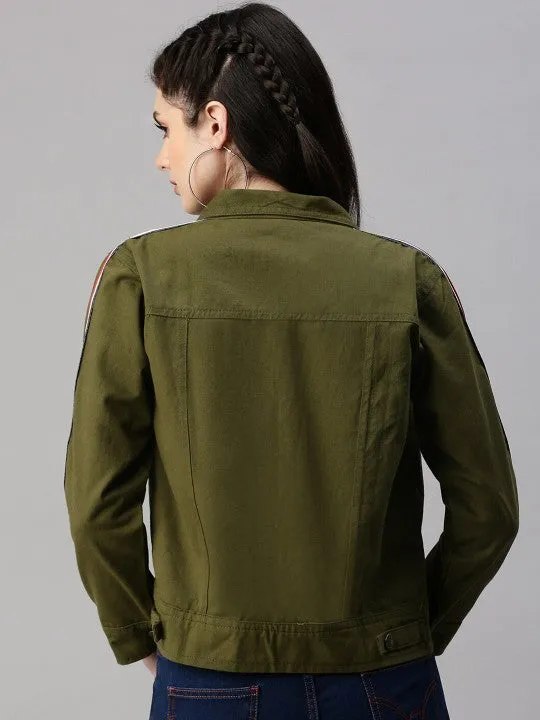 Women Olive Green Spread Collar Crop Denim Jacket