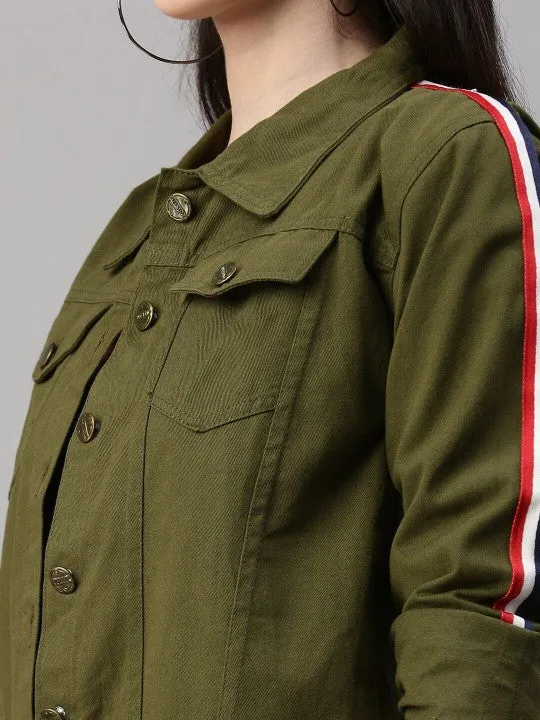Women Olive Green Spread Collar Crop Denim Jacket