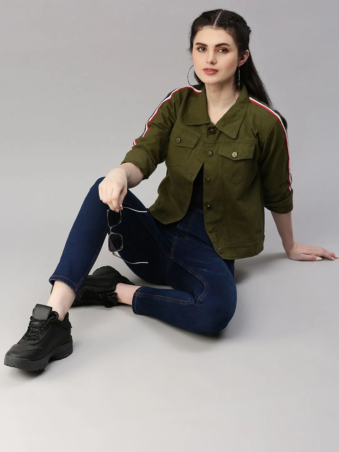 Women Olive Green Spread Collar Crop Denim Jacket