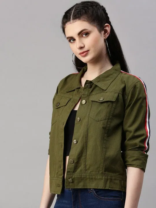 Women Olive Green Spread Collar Crop Denim Jacket