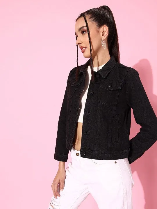 Women’s Black Solid Pure Comfort Stretch Denim Jacket