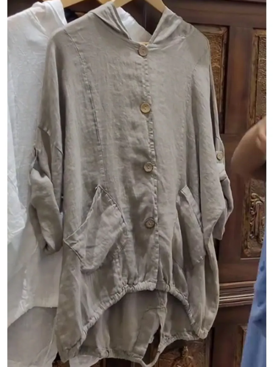 Women's Casual Cotton And Linen Hooded Jacket