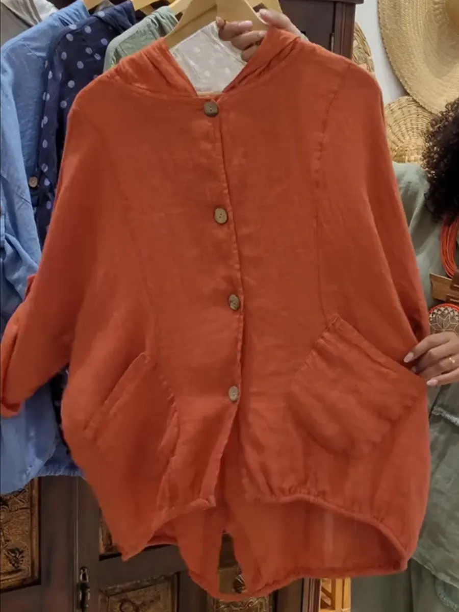 Women's Casual Cotton And Linen Hooded Jacket