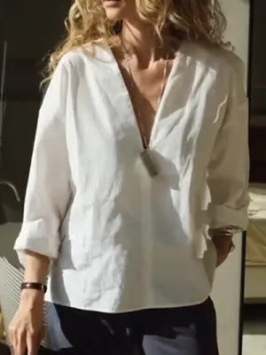 Women's Casual V Neck Cotton Shirt