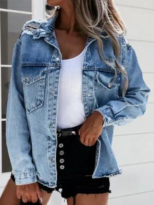 Women's Distressed Button-Down Denim Jacket with Pockets - Machine Washable Casual Outerwear