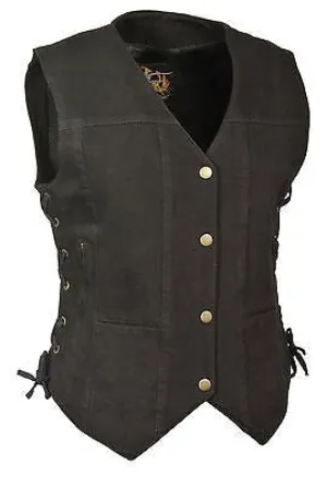 WOMEN'S MOTORCYCLE BLACK 6 POCKET DENIM VEST WITH SIDE LACES TWO GUN POCKETS