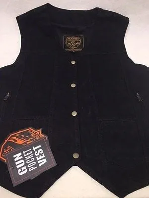 WOMEN'S MOTORCYCLE BLACK 6 POCKET DENIM VEST WITH SIDE LACES TWO GUN POCKETS