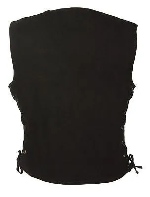 WOMEN'S MOTORCYCLE BLACK 6 POCKET DENIM VEST WITH SIDE LACES TWO GUN POCKETS