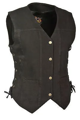 WOMEN'S MOTORCYCLE BLACK 6 POCKET DENIM VEST WITH SIDE LACES TWO GUN POCKETS