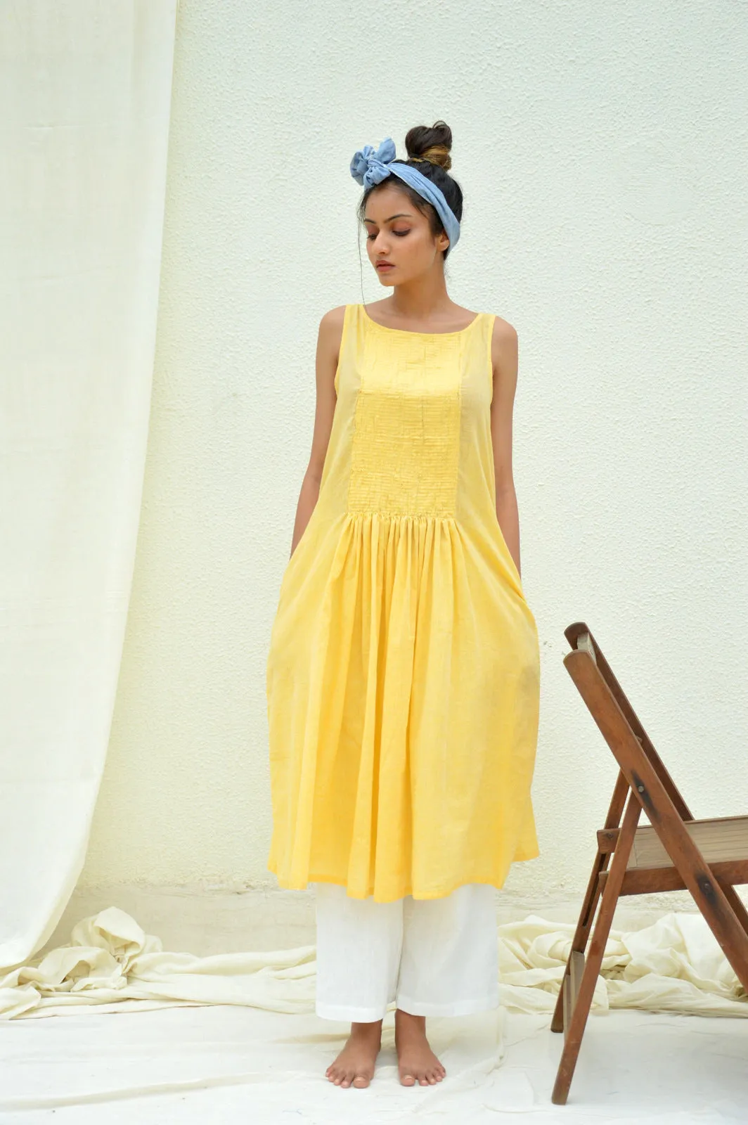 Yellow Smocking Mulmul Tunic with Pants