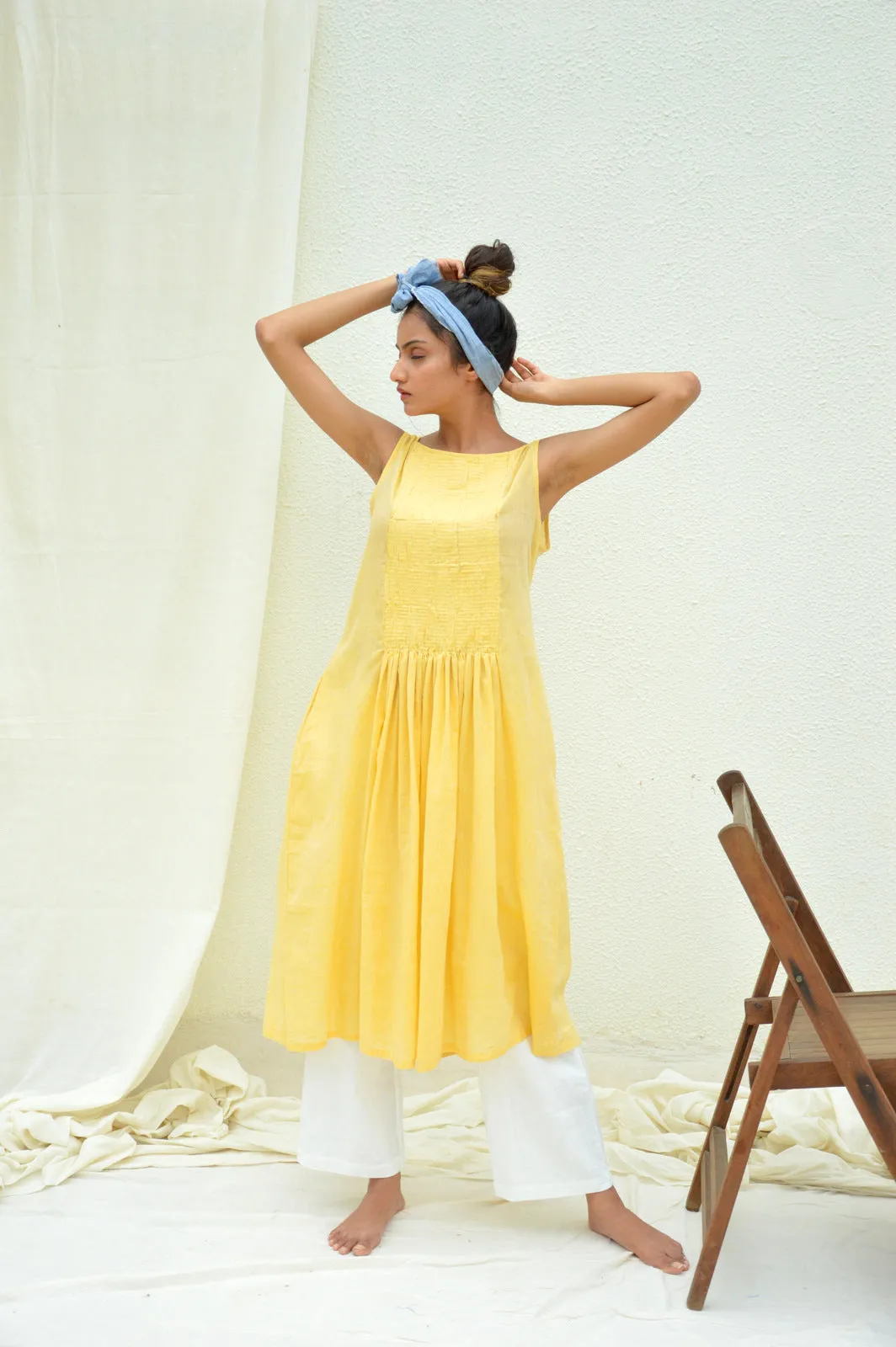Yellow Smocking Mulmul Tunic with Pants