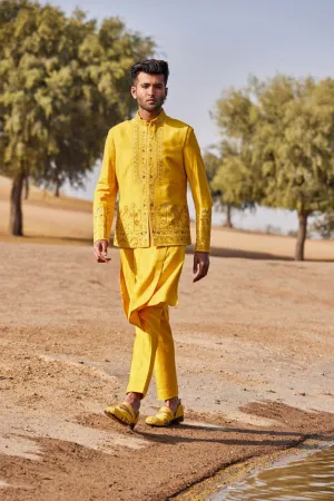 Yellow Waist Coat Set With Floral Thread Work