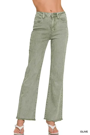 Zenana Long Light Olive Acid Wash Jeans